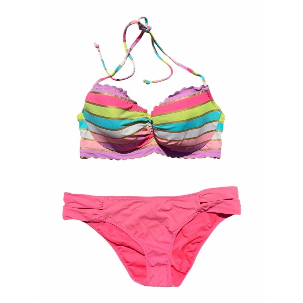 Victoria’s Secret Bikini Set 32D Multicolor Striped Halter Pink Swim Beach Y2K